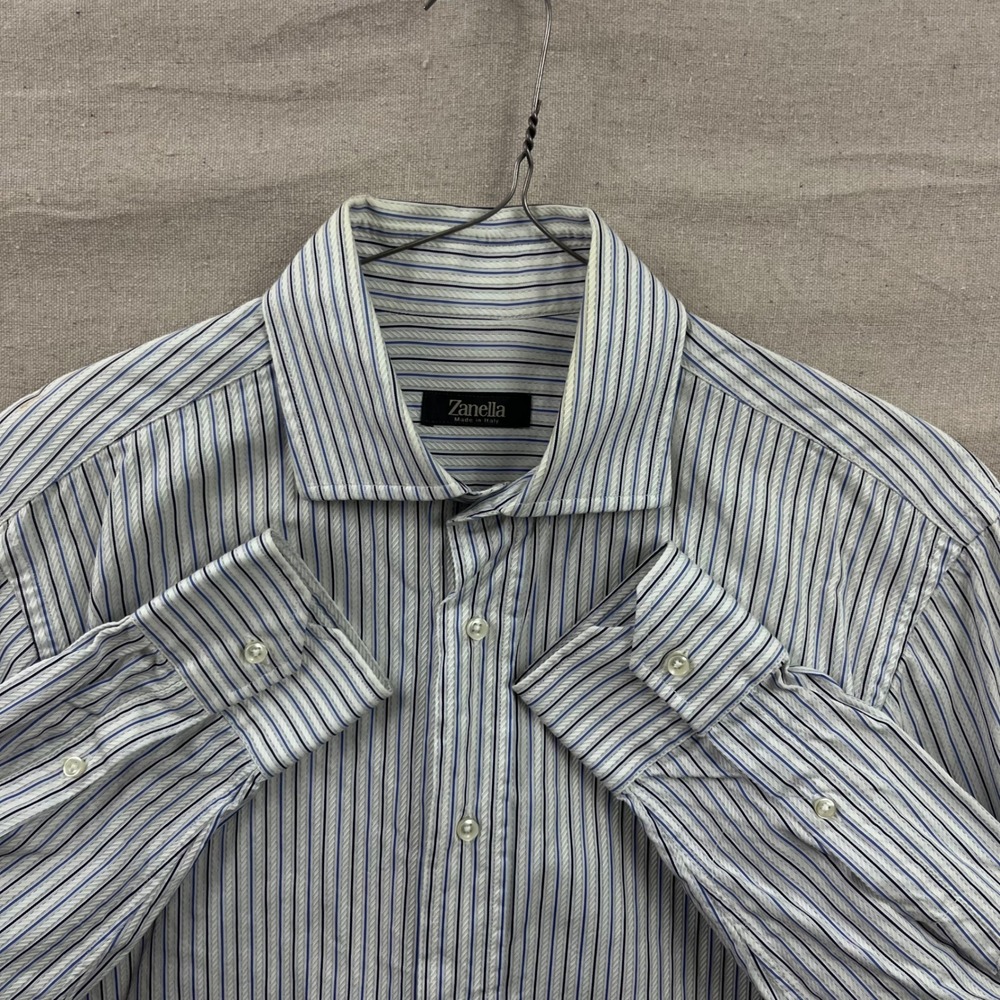 Zanella Textured Dress Shirt 16 34-35 White Striped Italian Cotton Spread Collar